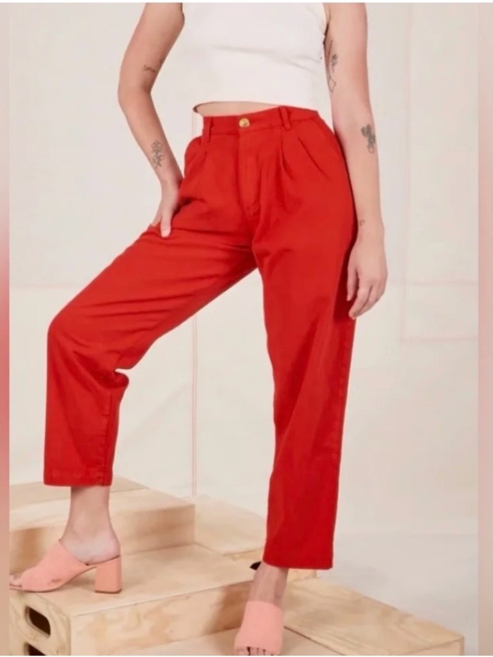 Big Bud Press Trousers Red Cotton Twill High Waist Pants Size XXS
